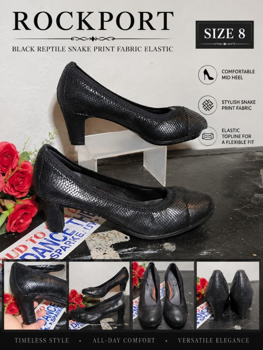 ROCKPORT Black Reptile Snake Print Fabric Elastic 8